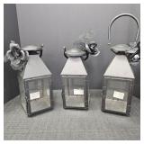 (3) Glass & Blk Metal Halloween Laterns w/ Blk