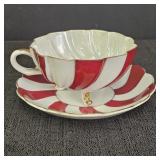 Ensconced Red & White Footed Tea Cup & Saucer