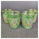 (4) Green Pressed Glass Tumblers w Gold Accents