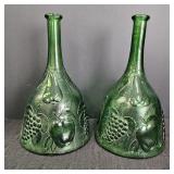(2) Green Glass Fruit Design Wine Bottles
