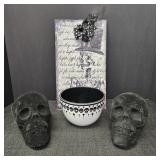(4) Skull Decors-2 Blk Velvet Skulls, Bowl, & Sign