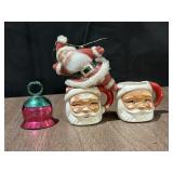 Vtg Miniature Santa Mugs, Santa & Bell Ornaments