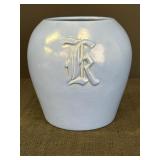 7in tall ceramic vase, initials on front of vase,