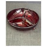 Ruby red glass divided dish, 7in dia. X 2in high,