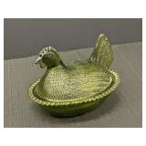 5.5" Olive Green Glass Hen On A Nest