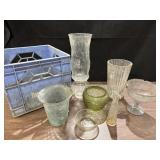 Variety of glass vases in Diamond plastic crate