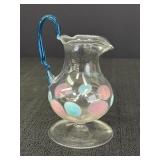 4.5" Delicate Art Glass Creamer Blue Handle Dots
