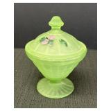 Uranium glass powder jar, block optic pattern,