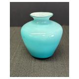 Handmade Turquoise & White Glass Vase, 4.5in H,