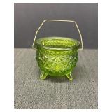 Vtg petite green glass cauldron w/brass handle