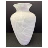 White frosted glass swirl vase w/purple, 12in