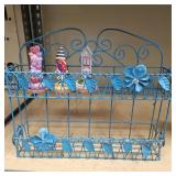 Teal Floral Hanging Metal Rack w/ 3 Decorative