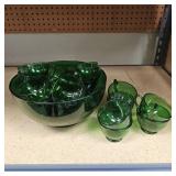 Green Glass Punch Bowl & Cups