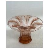 Pink glass tulip shape flower vase, rolled edge,