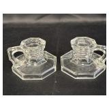 Pair of clear glass chambersticks, octagonal base