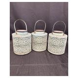 3 solar metal faded teal colored lanterns, 8in H x