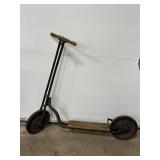 Vtg metal & wood push scooter, 30in H x 33in L