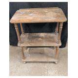 Wood 3 shelf side table on casters wood lamp w/