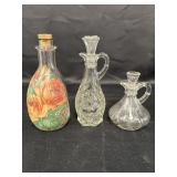 Glass decanter w/cork stopper & 2 cruets w/glass