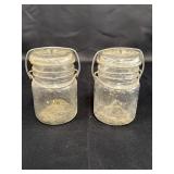 2 Vtg glass canning jars w/glass lid & wire bail