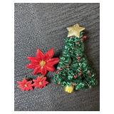Christmas Tree Brooch & Poinsettia Pin & Earrings
