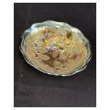 Hanging Cherries green carnival glass bowl,