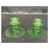 Pair of green uranium glass candlesticks holders,