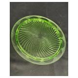 10in green uranium glass cake plate, swirl design
