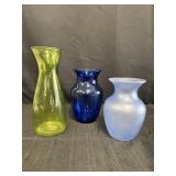 3 colored glass vases, lt. green, cobalt blue, &