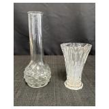2 clear glass bud vases, 8.5in hobnail round base