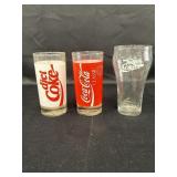 3 Coca-Cola glasses,  Indiana Glass Co sticker on