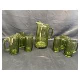 Avocado Green Glass Pitcher & 6 mugs.  Heavy