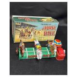 Vtg tin wind up mechanical horse race, original