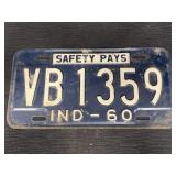 Vtg. 1960 Indiana Embossed License Plate