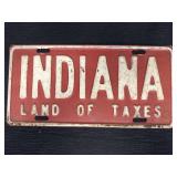 Vtg. Indiana Land of Taxes Embossed License Plate
