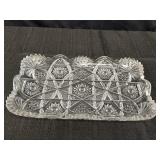 Pressed heavy glass relish tray, 8 x 13 x 1.5in