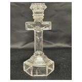 Vtg pressed glass crucifix candle holder, 9in H