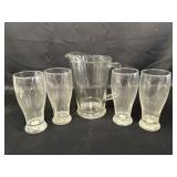 Arcoroc heavy clear glass pitcher & 4 beer glasses