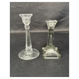 2 clear glass candlestick holders, 7.5 & 6.5in H