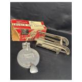 Vtg aluminum hamburger press & french fry cutter.
