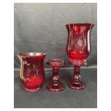 2 ruby red Hurricane style candle holders/vases -