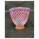 Cranberry opalescent hobnail fan vase, 3.5in H