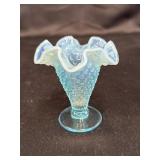 Hobnail Blue Opalescent Ruffled Edge Vase, 4in