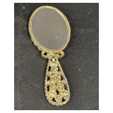 Vtg ornate gold tone metal mini hand mirror w/