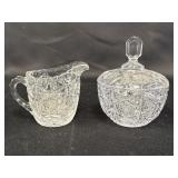 Clear glass/crystal (?) cream & lidded sugar set,