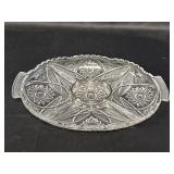 Clear cut glass divided oval relish dish w/handles