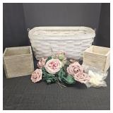 White Woven Basket, 2 Wooden Boxes, & Florals
