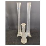 (3) clear glass bud vases 9in & 16in tall