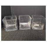 (3) clear glass vases 4in tall x 4in square