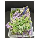 Artificial Purple Flowers in Plastic Tote